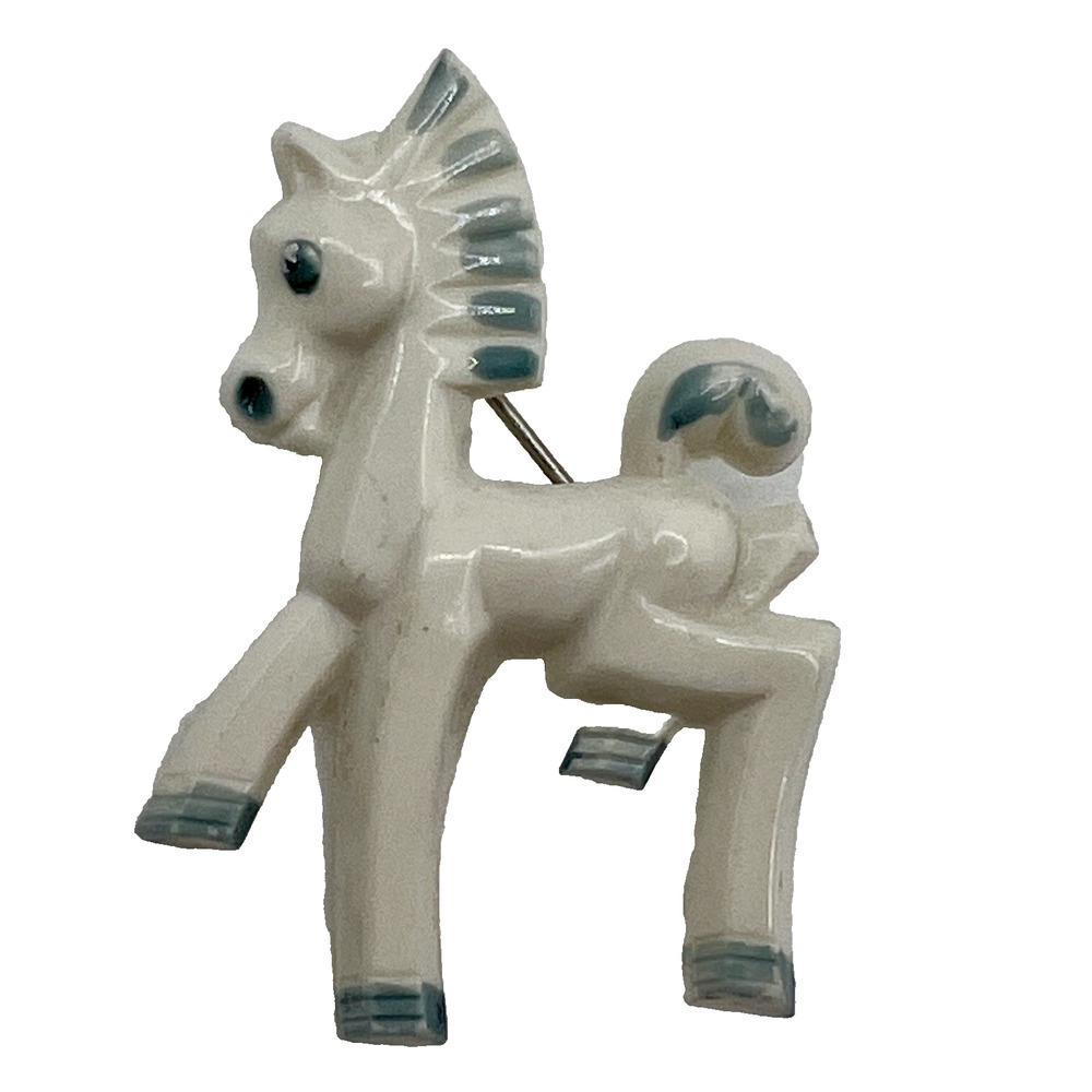 Vintage White and Blue Plastic Proud Pony Horse Brooch Cute Costume Jewelry